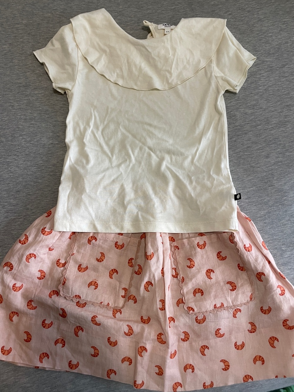 Oeuf Cream Ruffle-Accent Top + linen skirt w croissant motif